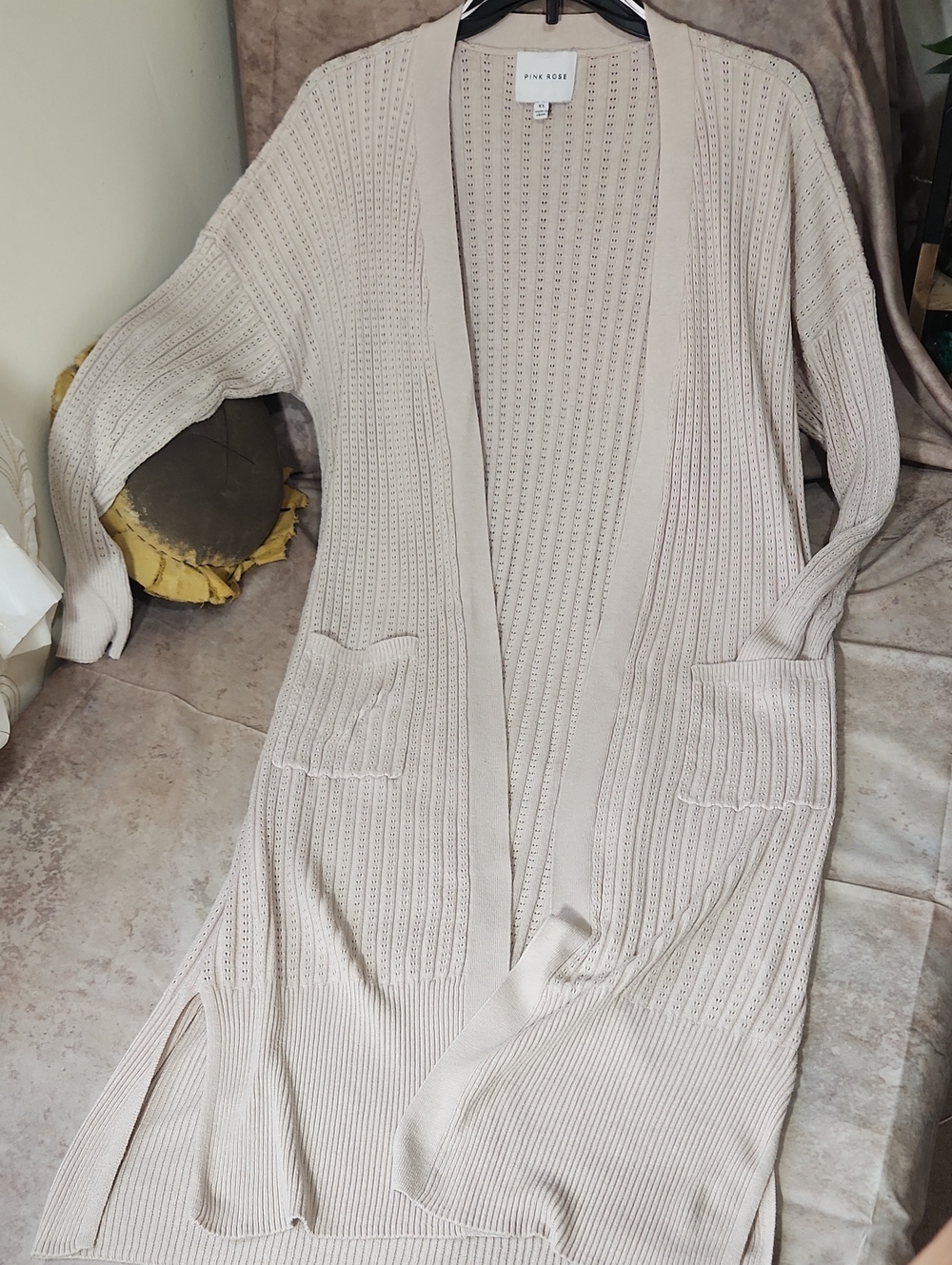 Pink Rose Light Beige Open-Front Long Knit Cardigan
